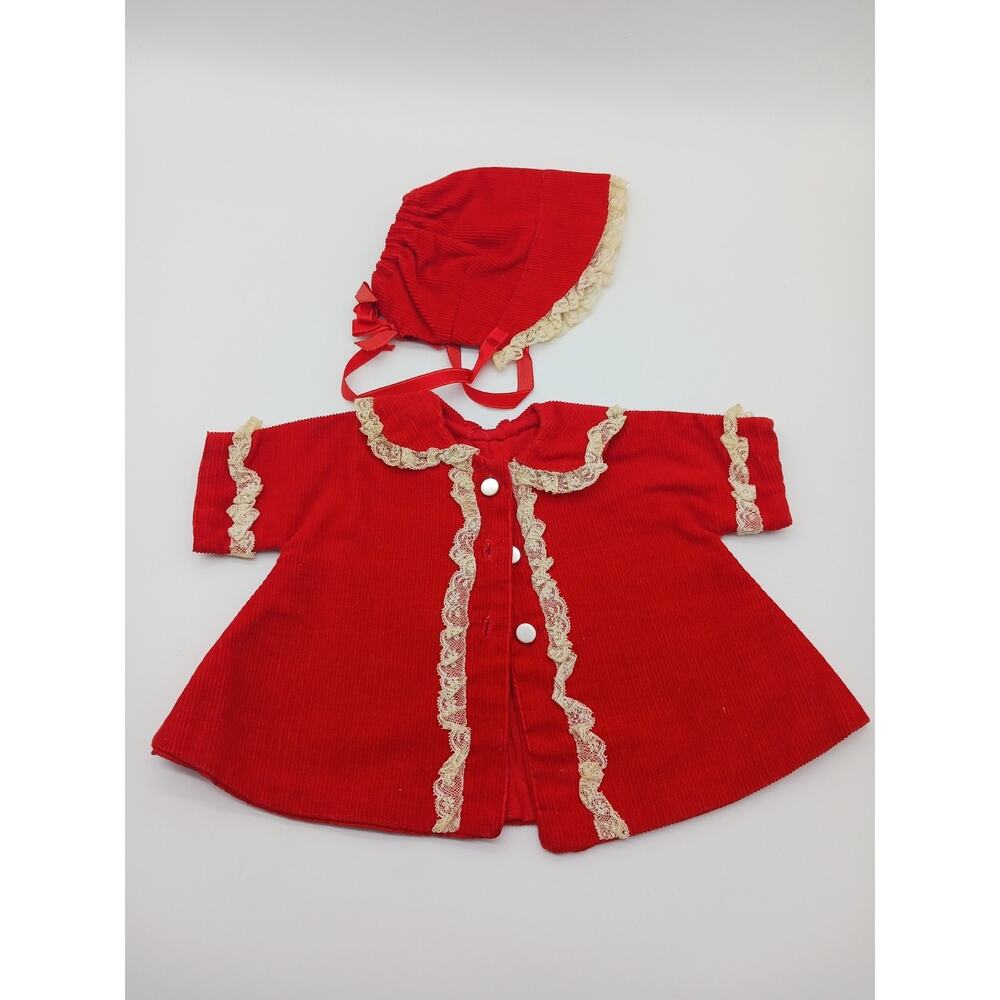 Precious Red Corduroy Vintage Handmade Baby Doll Dress & Bonnet Lace